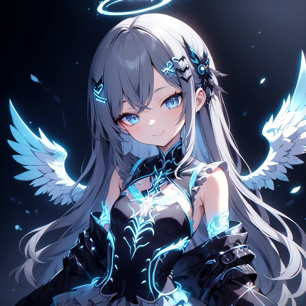 Absurd,anime,Detailed and beautiful eyes,(art),(artistic clothing:1.5),angel,gray hair,smile,(a girl:1.5),from the waist up,(small breasts:1.2),(small chest:1.2),mysterious,fallen Angel,Hello,(Large detailed hair ornament:1.2),(look away:1.5),detailed clothes,Flashy Moves,Mechanical,masterpiece, moe kawaii,abyss,luster,lame,(ultra detailed:1.2), ((highest quality)) ,Extremely Delicately Beautiful ,64k