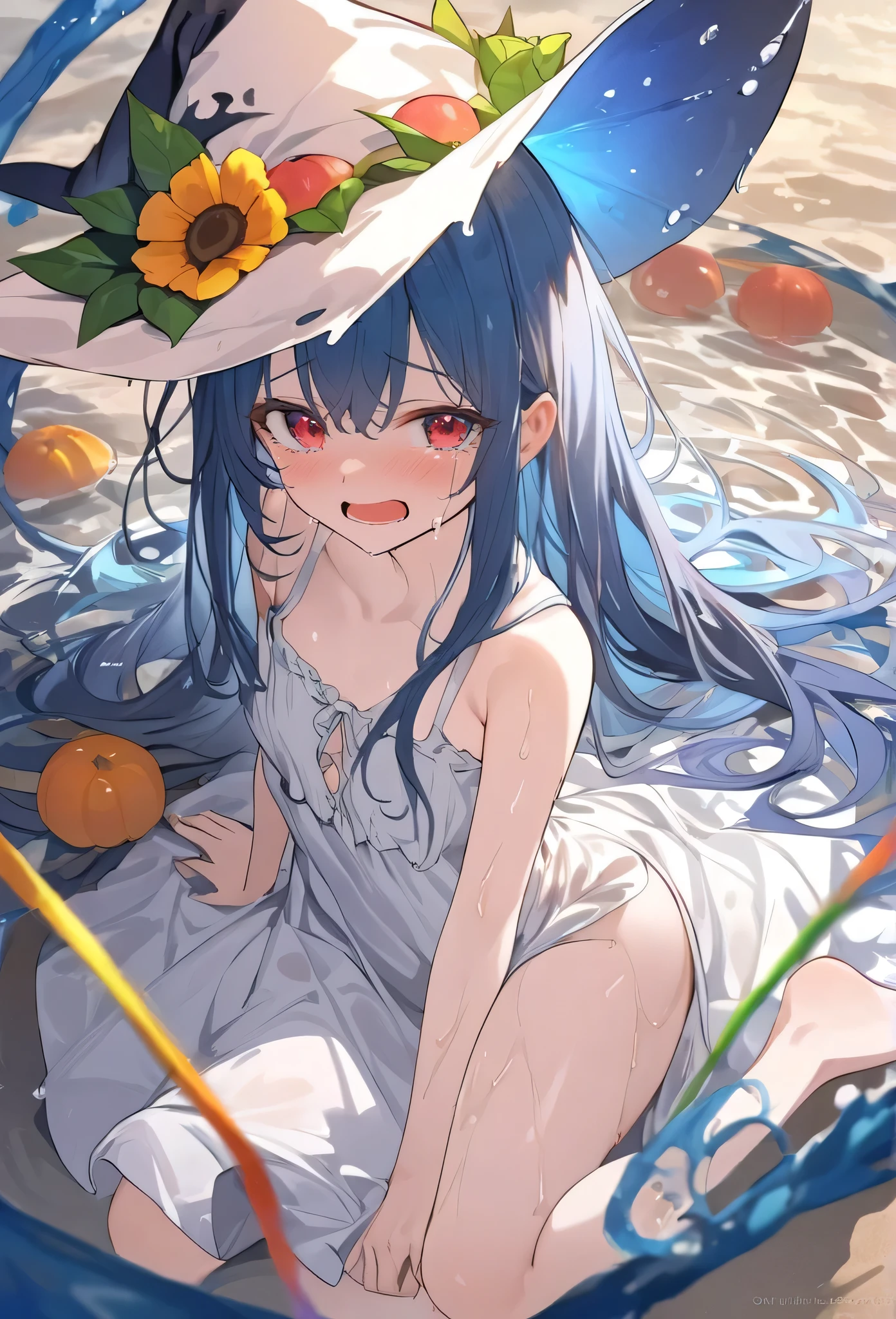 1 girl、solo、chest、Viewer's perspective、blush、long hair、bangs、blue eyes、belly button、big breasts、blue hair、Lying down、food、indoor、On your back、pillow、dining table、fruits、on the bed、curtain、plate、 strawberry、orange(fruits)、body on hood、lemons、lemonsスライス、kiwi(fruits)、naked 、parfait on pussy、belly buttonの上にホイップクリーム、belly buttonの上にいちご