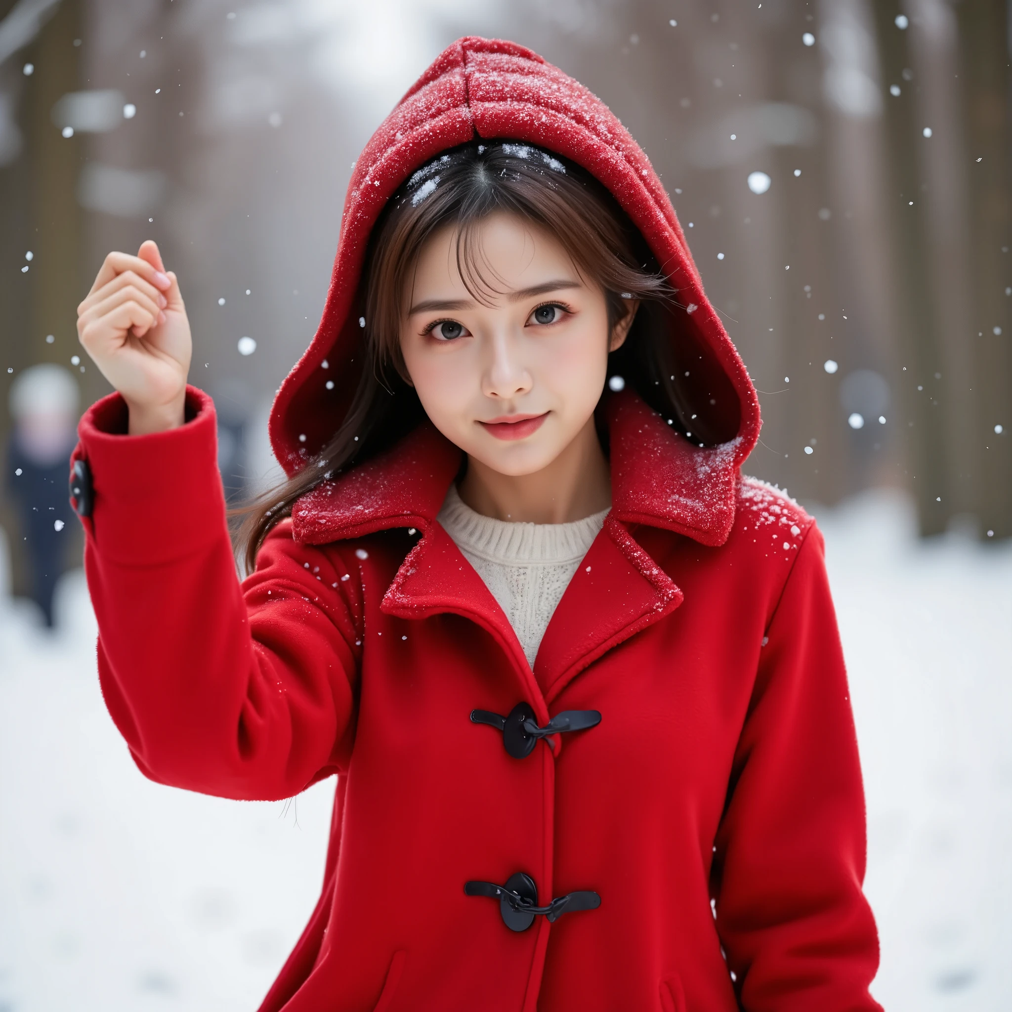 ((UHD , ultra detailed, high quality)),A  photo of a cute East-Asian woman dancing joyfully in the snow, with snowflakes gently falling on her head. A bright red duffle coat with toggle buttons, worn with the hood up, covering her head. The bold red coat contrasts beautifully with the autumn setting, giving her a stylish and cozy appearance.