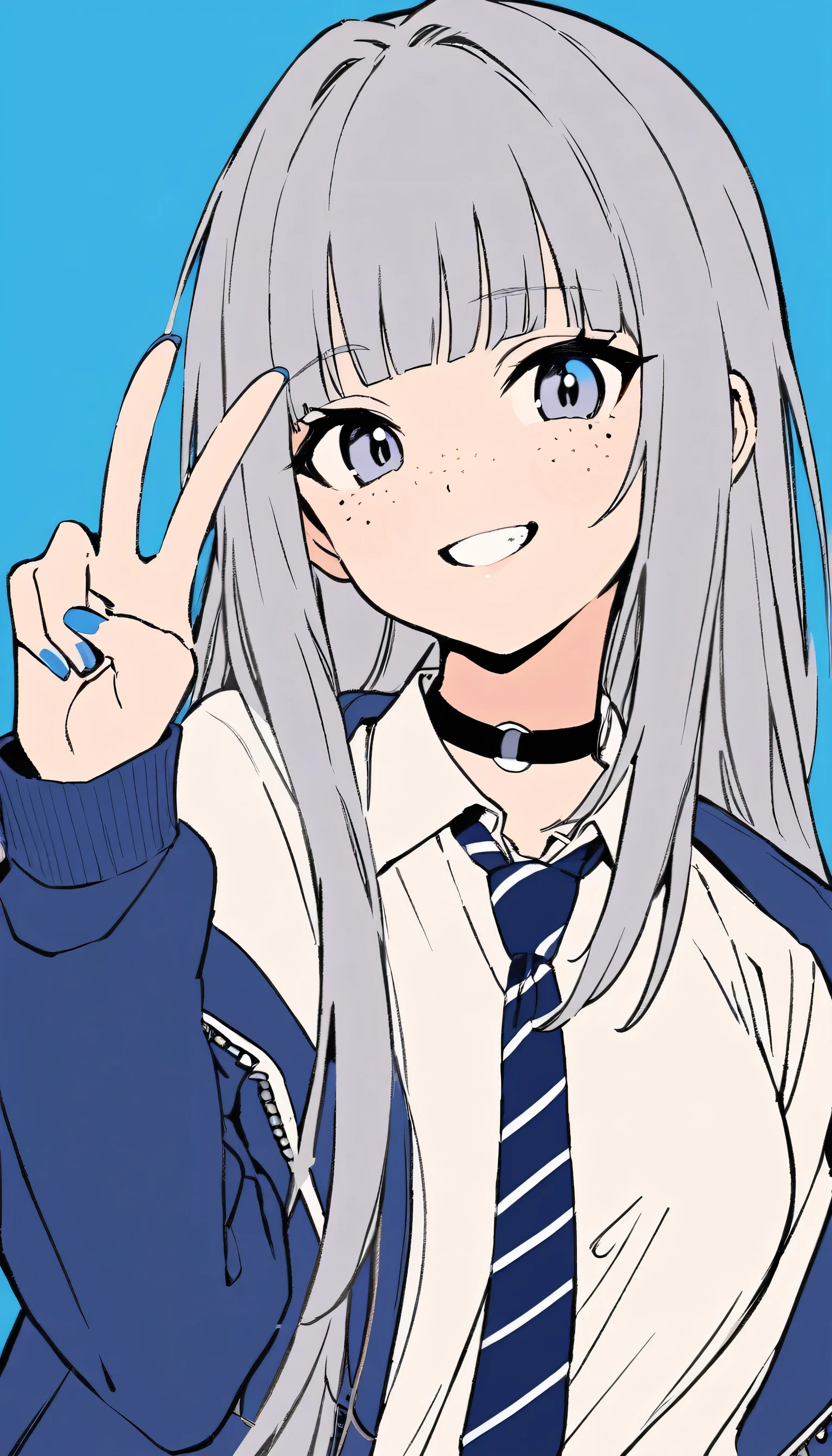 flat color, 1girl, solo, necktie, v, smile, jacket, choker, hair hime, looking at viewer, shirt, simple background, upper body, blue background, nail polish, blue nails, collared shirt, gray eyes, bangs, blue necktie, black choker, white shirt, gray hair, freckles, grin, striped necktie, long sleeves, open jacket, blue jacket, hand up, long hair,