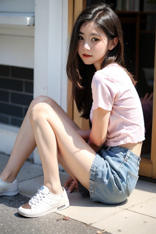 Skinny Korean girl, 20 years old, sitting on a sidewalk with her legs spread, Miniskirt, showing her panties