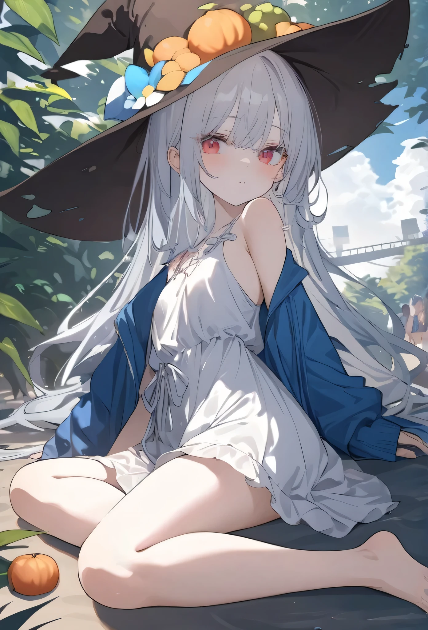 masterpiece，high quality，best quality，official art，Beautiful and picky，Extremely detailed（Fractal Art 1.2），colorful，most detailed，a girl，Expressionless，long dark blue hair，long bangs，bright red eyes，pale albinism，barefoot，Wearing a pure white summer dress，Wearing a jacket that is not the right size，wearing witch hat，looking at the audience, 