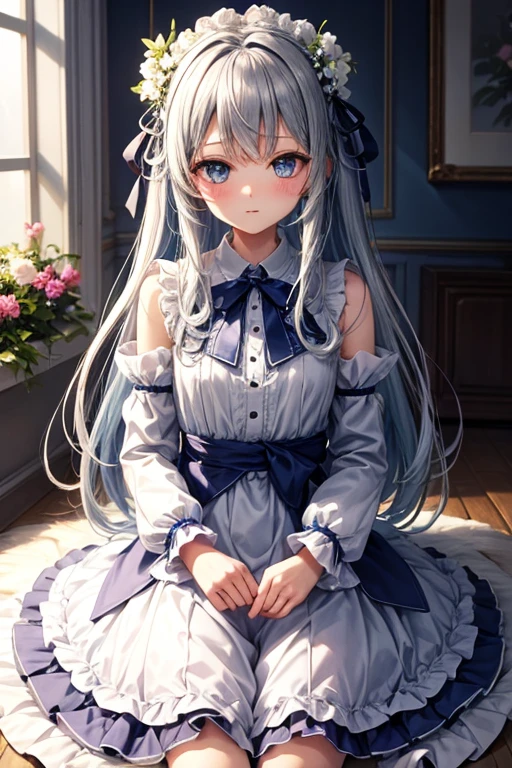 1girll, 独奏, long whitr hair, upper legs, frilld, longer sleeves,high-heels, black thighhigns, Sat down, centerfrills, blackfootwear,blue color eyes, Bow knot (tmasterpiece,Best quality at best)