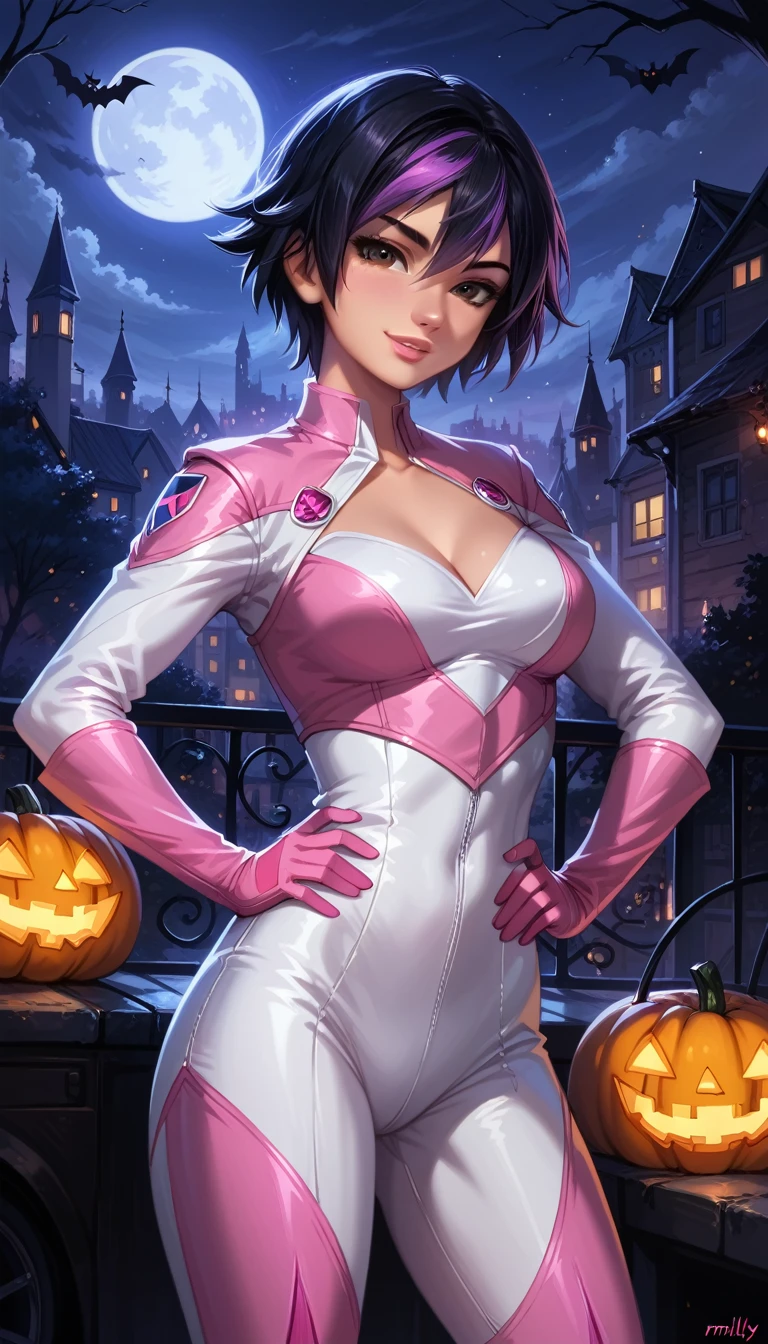 score_9, score_8_up, score_7_up, 1girl, solo, very sexy (gogotomago, short hair, black hair, brown eyes, purple hair:1.4), wearing (pink Power Ranger costume, detailed:1.5), confident, flirt, gaze, sexy look, cute smile, head tilt, filled lips, thick lips, standing, in the living room, hand on hip, feet apart, sexy pose, beautiful modern apartment, city living, (Halloween theme:1.3), night, dark, dimly lit, expressiveh d4rk01l, perfect hands, perfect proportions.