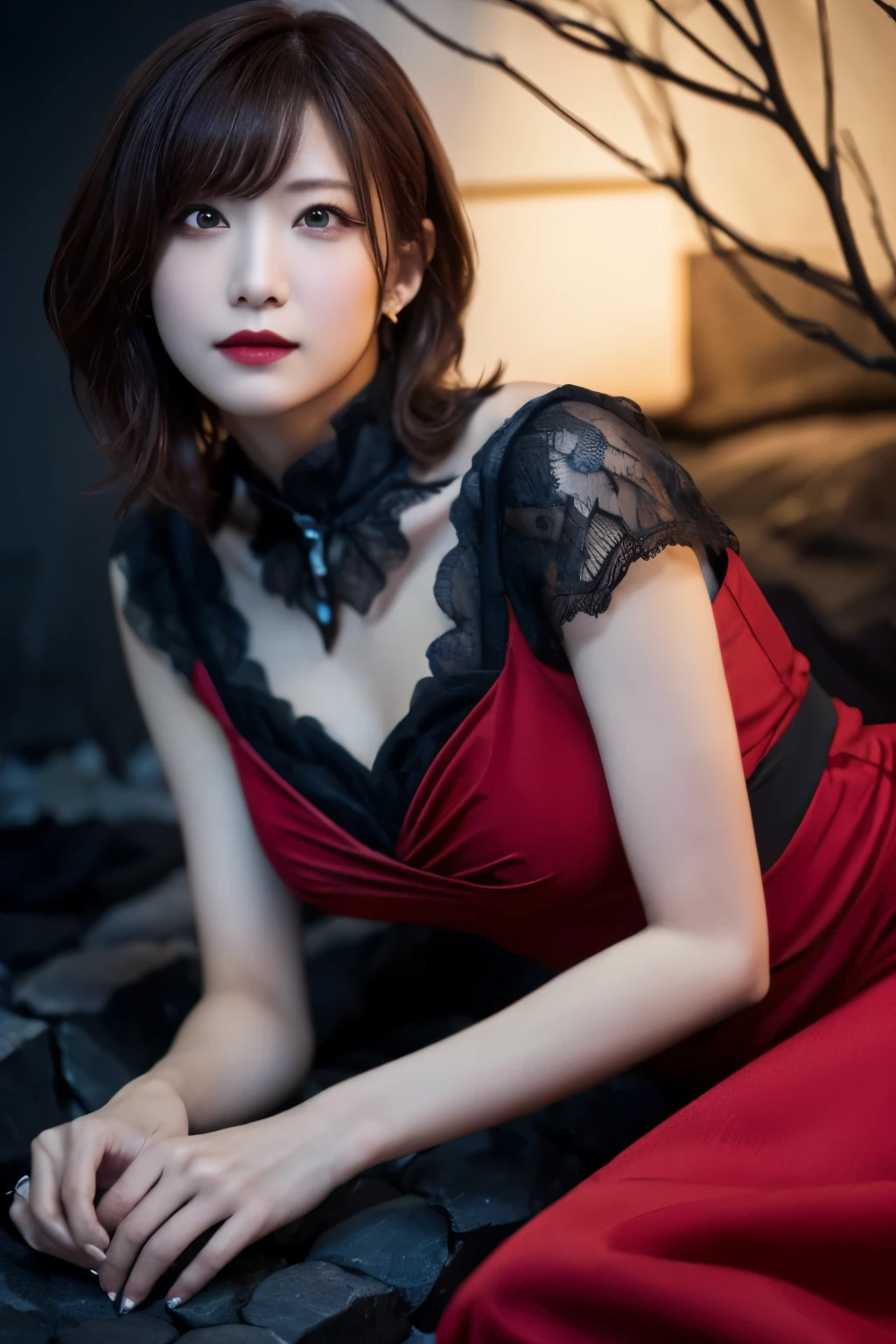 1 girl, (She is wearing a red dress:1.3), (Gothic Makeup), Portrait of an adorable Japanese symphonic metal singer, (RAW Photo Best Quality), (Realistic, Realistic:1.4), (masterpiece), 
But delicate and beautiful, Very detailed, 2k wallpaper, wonderful, finely, Very detailed CG Unity 8K wallpaper, Very detailed, High resolution, Soft light, 
Beautiful detailed girl, Very detailed目と顔, A beautiful and elegant nose, Beautiful Beautiful Eyes, Cinema Lighting, 
(彼女はnightのヨーロッパの中世の廃墟の町でLying down:1.4), (Stone Path:1.4), (night:1.4), (Girl full body silhouette:1.2), (Lying down), (Dark screen:1.5), (I am so lonely), 
(short hair), (Messy Hair), (Indigo Color Scheme),
Perfect Anatomy, Slender body, Small breasts