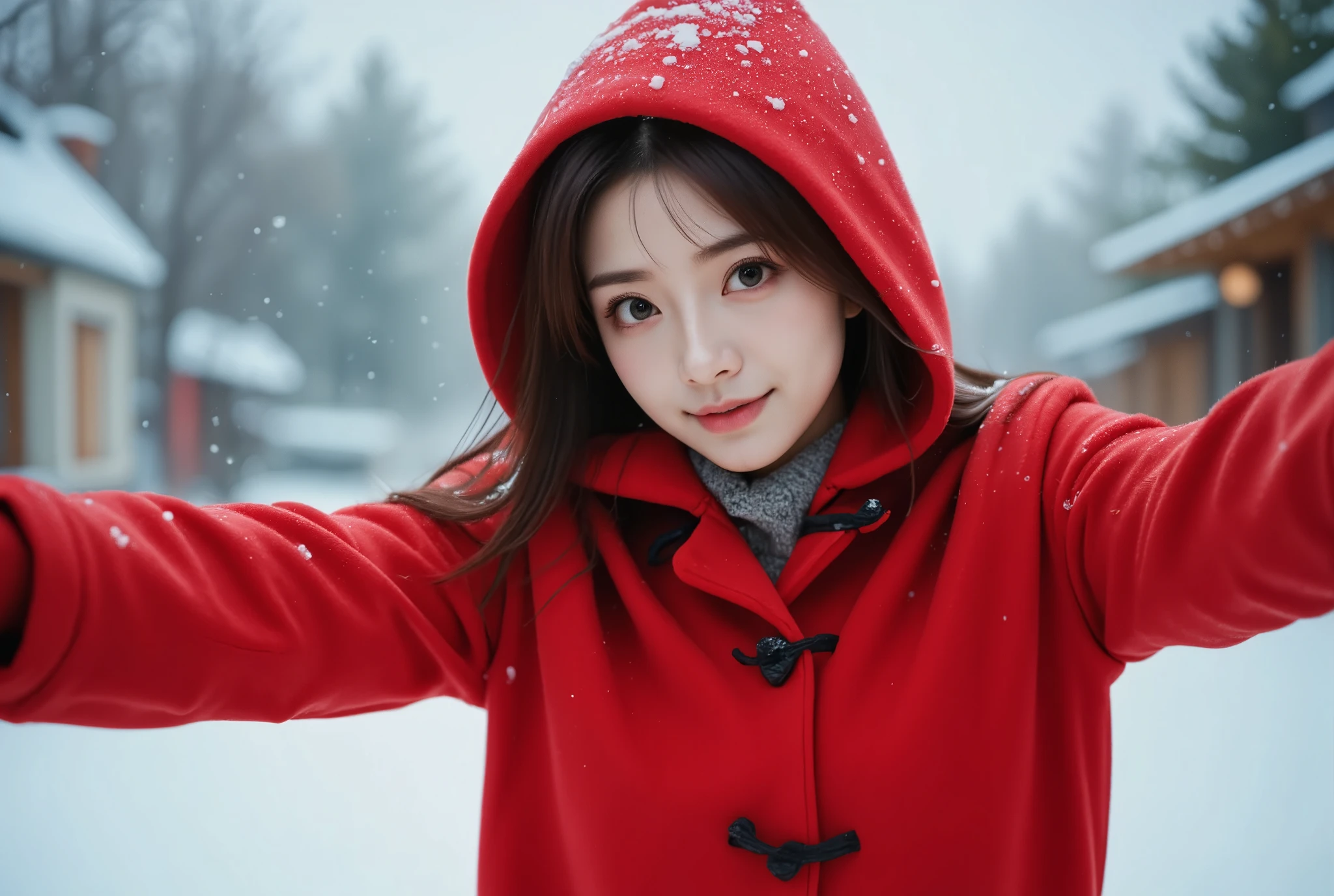 ((UHD , ultra detailed, high quality)),A photo of a cute East-Asian woman dancing joyfully in the snow, with snowflakes gently falling on her head. A bright red duffle coat with toggle buttons, worn with the hood up, covering her head. The bold red coat contrasts beautifully with the autumn setting, giving her a stylish and cozy appearance.