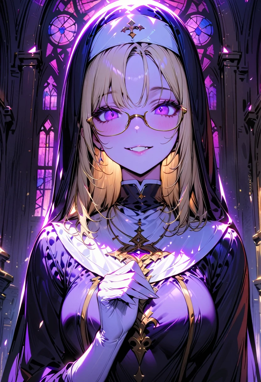 A young and beautiful woman,(Best Quality,Extremely detailed depiction,Incredible high resolution,Anatomically accurate,High quality anime drawings),(Nuns,Monastic Clothes,Glasses),(Short blonde,Purple Eyes,eyelash,Beautiful legs,Porcelain-like skin),(Wicked Smile,The gesture of offering prayer),whole body,background:Chapel,Backlight:1.3,Stained Glass,