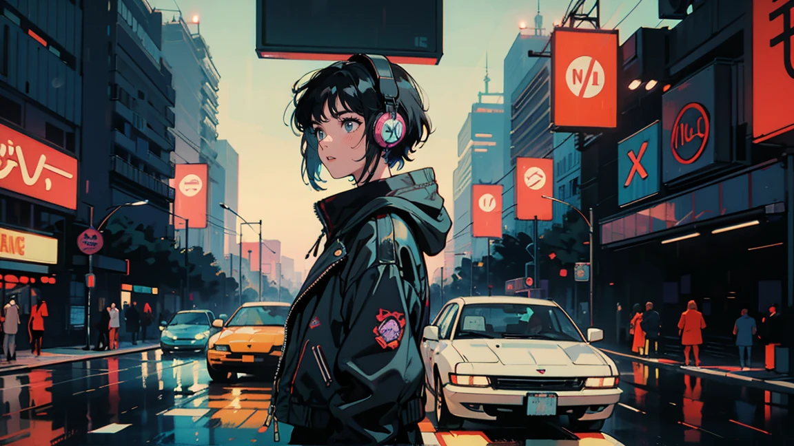 A rainy night in a neon-lit cyberpunk city, a 21-year-old woman in a vintage leather jacket stands at a crosswalk, her noise-canceling headphones tuned into a world of her own. She gazes at a holographic ad, her expression a mix of wonder and melancholy. Around her, sleek vehicles glide past, neon signs flicker, and skyscrapers pierce the purple-blue sky. Despite the bustling city, she stands alone, caught between the past and the future.