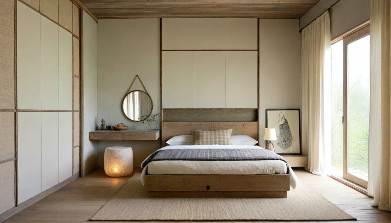 wabi-sabi bedroom interior, wabi-sabi interior style, design tends to be minimalist, calming and natural atmosphere, ((gray and white color scheme)), ((rough-hewn wood)), handmade textiles,natural fabrics, tab, lamp, rug, wood floor, drapes,glass window, door, (rough-hewn ceiling), (rough-hewn wall), wardrobe, rough-hewn wood cabinet, picture frames, antique furniture and decor items, cinematic