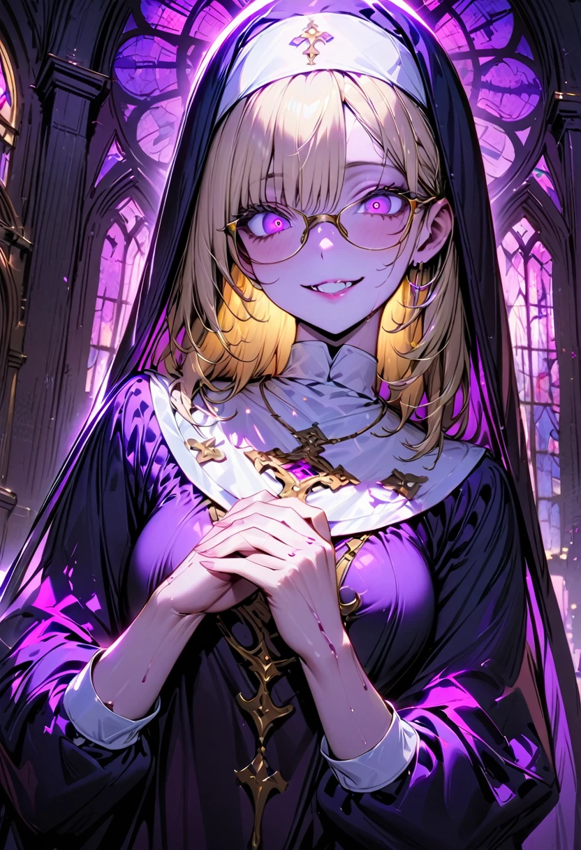 A young and beautiful woman,(Best Quality,Extremely detailed depiction,Incredible high resolution,Anatomically accurate,High quality anime drawings),(Nuns,Monastic Clothes,Glasses),(Short blonde,Purple Eyes,Crazy Eyes,eyelash,Porcelain-like skin),(Wicked Smile,The gesture of offering prayer),whole body,background:Chapel,Backlight:1.3,Stained Glass,