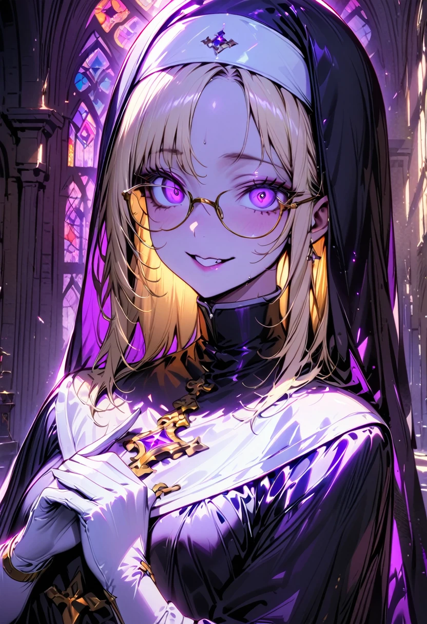 A young and beautiful woman,(Best Quality,Extremely detailed depiction,Incredible high resolution,Anatomically accurate,High quality anime drawings),(Nuns,Monastic Clothes,Glasses),(Short blonde,Purple Eyes,Crazy Eyes,eyelash,Porcelain-like skin),(Wicked Smile,The gesture of offering prayer),whole body,background:Chapel,Backlight:1.3,Stained Glass,