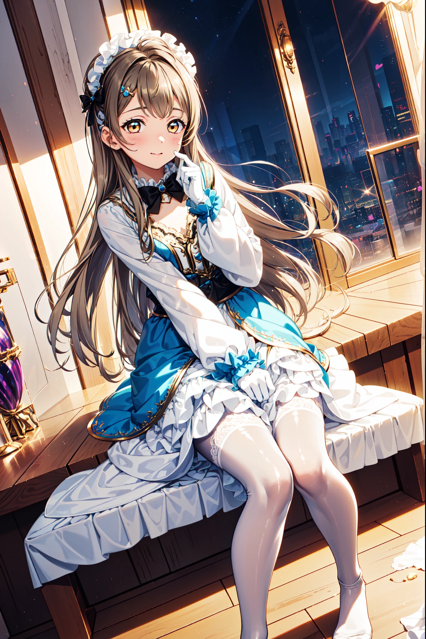 Girls,,have fun,in love,(Girl in white modern shirt and robe,Wearing pantyhose:1.2,A small amount of blue cloth),(Black Ruffle Bow Gloves),Brown hair,Golden Eyes,White hair sacred headdress,Transparent lace,Exquisite clothing,Alone,European bedroom,(night:1.1),Delicate and beautiful face