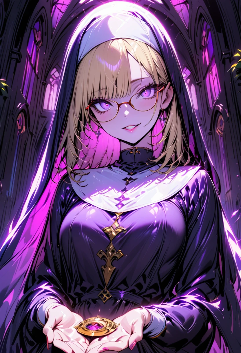 A young and beautiful woman,(Best Quality,Extremely detailed depiction,Incredible high resolution,Anatomically accurate,High quality anime drawings),(Nuns,Monastic Clothes,Glasses),(Short blonde,Purple Eyes,Crazy Eyes,eyelash,Porcelain-like skin),(Wicked Smile,The gesture of offering prayer),whole body,background:Chapel,Backlight:1.3,Stained Glass,