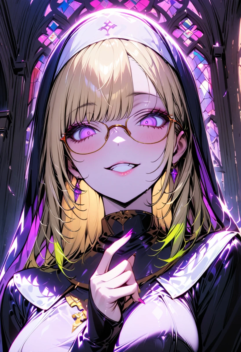 A young and beautiful woman,(Best Quality,Extremely detailed depiction,Incredible high resolution,Anatomically accurate,High quality anime drawings),(Nuns,Monastic Clothes,Glasses),(Short blonde,Purple Eyes,Crazy Eyes,eyelash,Porcelain-like skin),(Wicked Smile,The gesture of offering prayer),whole body,background:Chapel,Backlight:1.3,Stained Glass,