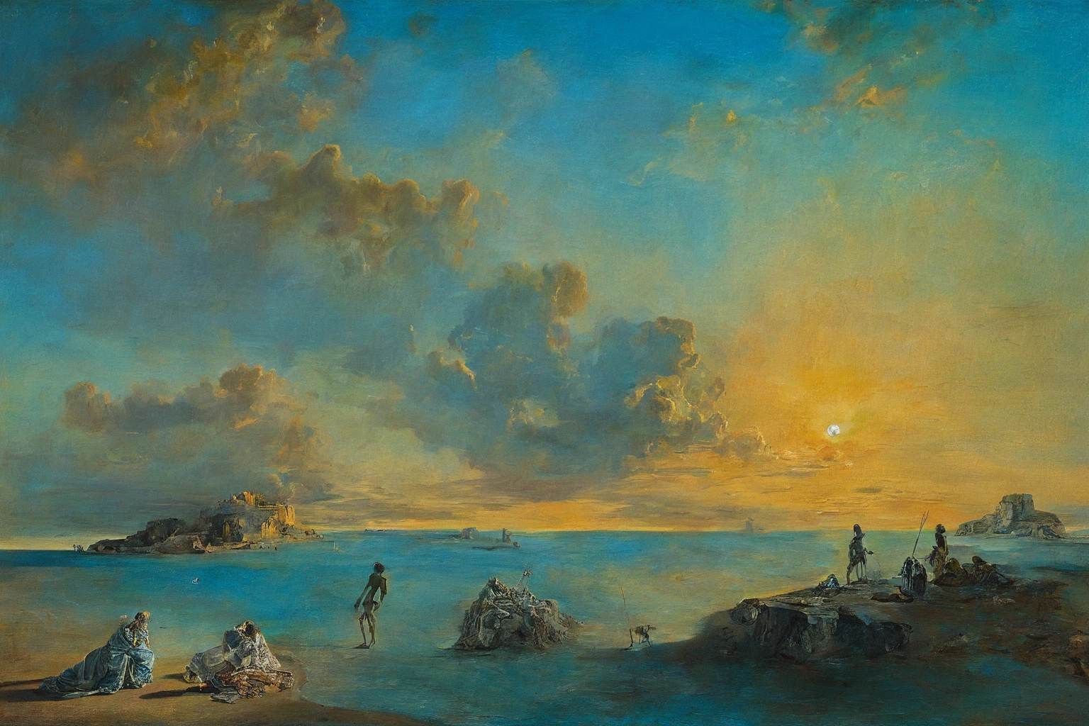 Flow of time by Salvador Dali,Magic,(style of Jean-Antoine Watteau):0.1.       The image is a digital artwork depicting a serene scene on a beach at sunset with three person s., with a small figure standing at the bottom. The image is a captivating depiction of an ancient civilization, set in a desert landscape under a cloudy blue sky.