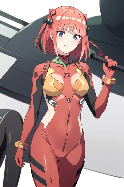 (best quality, high resolution, masterpiece:1.2), 1 girl, Nino Nakano, Beautiful Girl, perfect face, perfect eyes, Short Hair, (very large breasts:1.2), (Soryu Asuka Langley, Neon Genesis EVANGELION, Evangelion New Theatrical Version, Plug Suit, Pilot Suit, Red bodysuit), Elegant smile, Tight waist, flat stomach, sexy stomach, Curved waist, headgear,(cowboy shot:1.2), cockpit Background, 8K, textured skin, anatomically correct, UHD