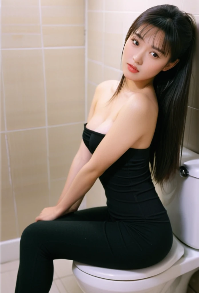 Best-quality, Masterpiece, Ultra-High-Resolution, (Photorealistic:1.4), Raw-Photo, at bathroom, 1girl, 15-years-old, the most famous Japanese idol, (upturned ass), (extremely cute face like the most popular Japanese idol, (extremely beautiful big-black-eyes)), extremely beautiful hair, extremely beautiful skins, extremely beautiful short-body, extremely beautiful hip, extremely beautiful thighs, innocent-smile, looking at viewer, dynamic-pose