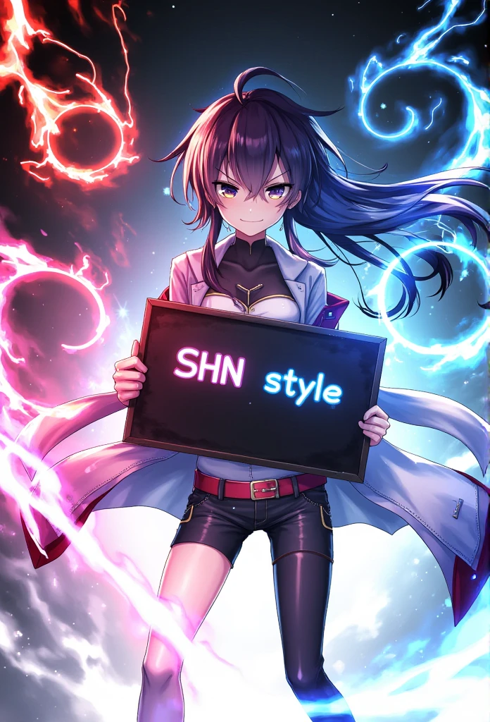 SHN style,1girl,anime,gradient fire,electric,electricity,fire,lighting, magic,solo, having a signboad saying"SHN style",gradient,cool girl,heterochromia iris, magic circle