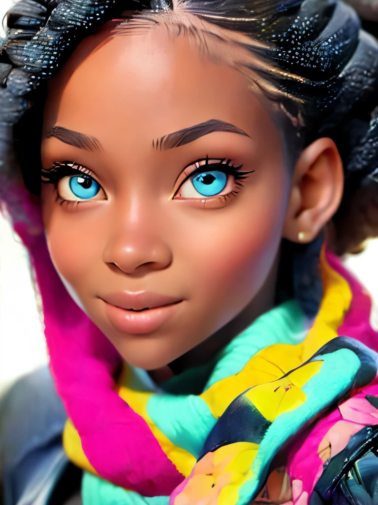 work of art, best qualityer, 1 girl, afro hair, dark hair, shiny hair, ((blue colored eyes)), extremely detailedeyes, glare eyes, ((darkskin)), shining skin, texture skin, extremely detaild skin, photo realist, extremely detaild, high qualiy , fine details on face and skin, detailedeyes