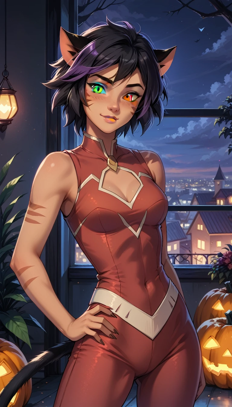 score_9, score_8_up, score_7_up, 1girl, solo, very sexy (gogotomago, short hair, black hair, brown eyes, purple hair:1.4), wearing (Catra costume, sleeveless, heterochromia, colored sclera, detailed:1.5), confident, flirt, gaze, sexy look, cute smile, head tilt, filled lips, thick lips, standing, in the living room, hand on hip, feet apart, sexy pose, beautiful modern apartment, city living, (Halloween theme:1.3), night, dark, dimly lit, expressiveh d4rk01l, perfect hands, perfect proportions, cowboy shot.