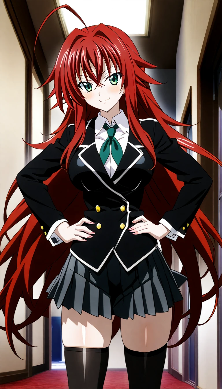 an extremely beautiful girl, ((Rias Gremory)), (high school dxd), high school uniform, standing position, hands on hips, slight smile, high school uniform del anime,