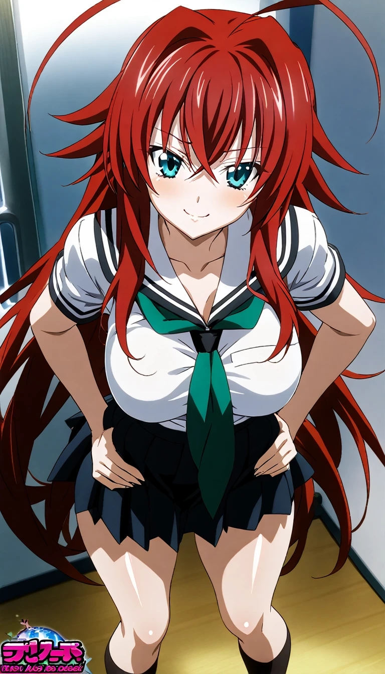 an extremely beautiful girl, ((Rias Gremory)), (high school dxd), high school uniform, standing position, hands on hips, slight smile, high school uniform del anime,