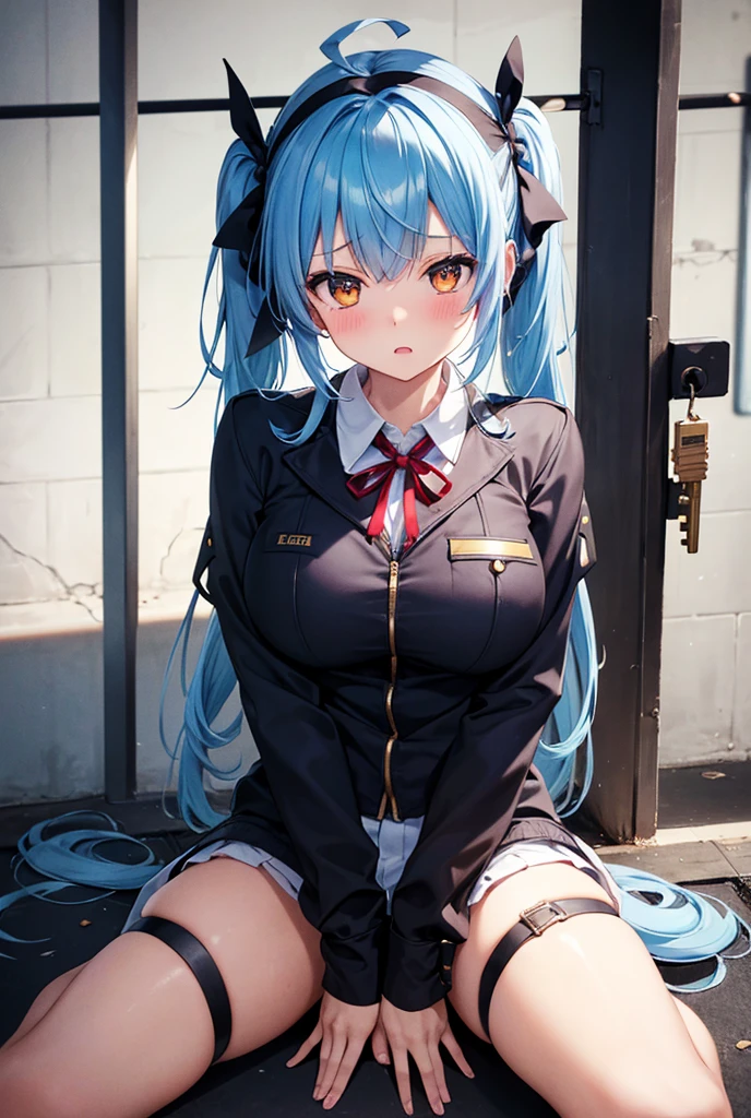 masterpiece、super high quality、{{prison（solitary confinement、Strict、underground、dim、Barred、fence、being imprisoned）}}。black police officer, 1 Anime Women（25 years old、delicate face、sharp eyes（Tree eyes）、obey、detailed description、correct anatomy、adult、blush、heavy breathing、water vapor、moulder）、 alone, black enamel clothes（latex、Slit in the flank、mini skirt、bondage、cross lace clothing、valley）、police cap、 black elbow gloves, knee high boots、ring gak、Handcuffed、Chained、Caught、Absolute area、 garter belt、shortcut（jet black hair、straight）,sexy lips、hanging tongue、Drool、gasp、heavy breathing、embarrassed expression、sexual pleasure、I feel it、blush。Are standing、（sexual pleasure、Climax、Ahegao）、