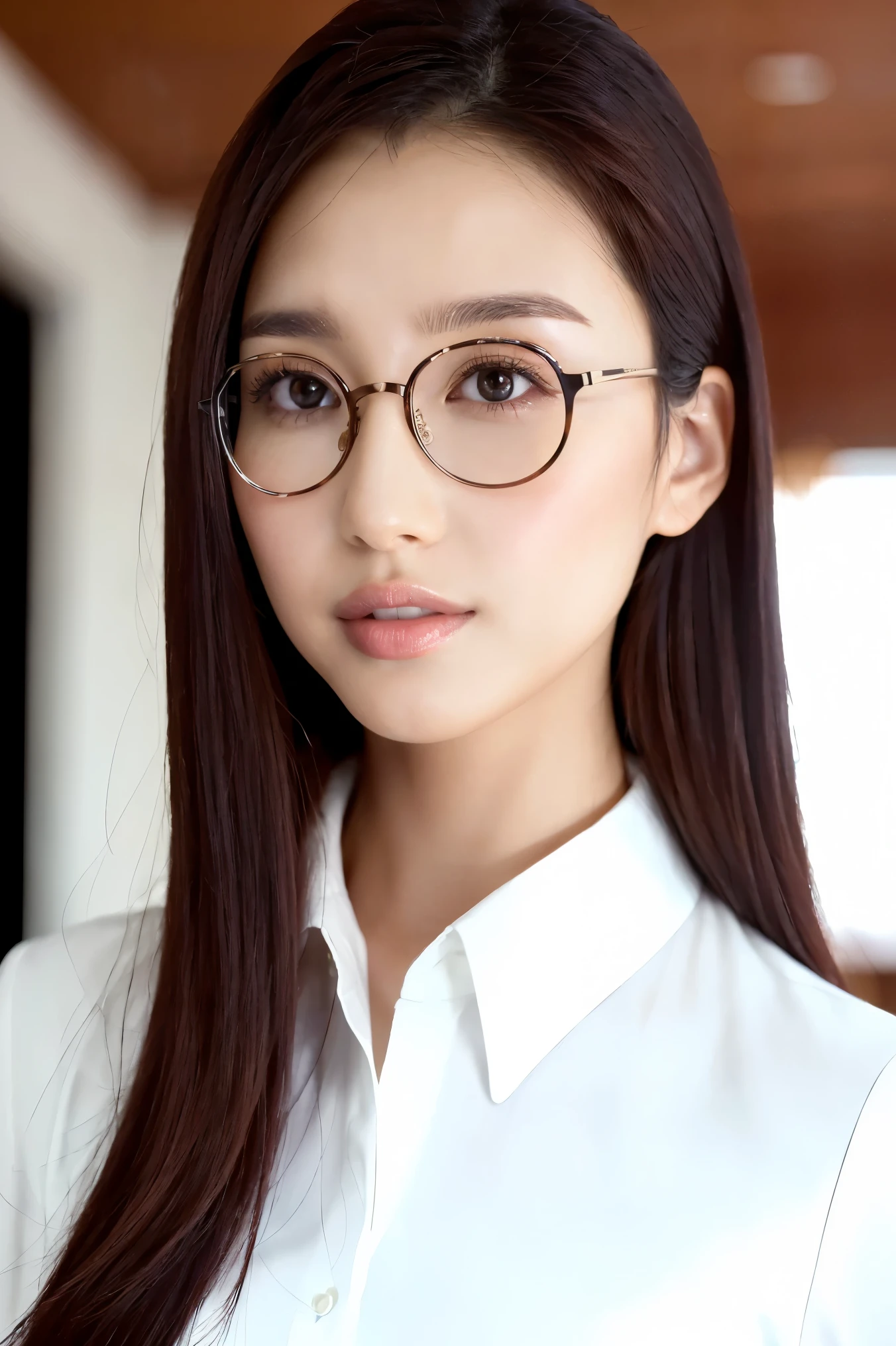 (Best Quality、Tabletop、8k、Award-winning works、Ultra-high resolution、Best Quality)、One beautiful woman、(The perfect long sleeve business suit:1.5)、(Elegant round glasses:1.2)、Elegant Asian Office、(Standing Elegantly:1.1)、(Strongly blurred background:1.1)、Accentuate your body lines、Standing in the office hallway、(Glossy lipstick:1.1)、Long eyelashes、(Perfect Makeup:1.1)、Soft and warm lighting、(Ultra-high resolutionの正確な美しい髪:1.1)、(Accurate anatomy:1.2)、Ultra-high definition beautiful eyes、(Super bright and radiant skin:1.1)、(Face close-up:1.1)、(Expressionless:1.2)、Show me your amount、(nose:1.2)