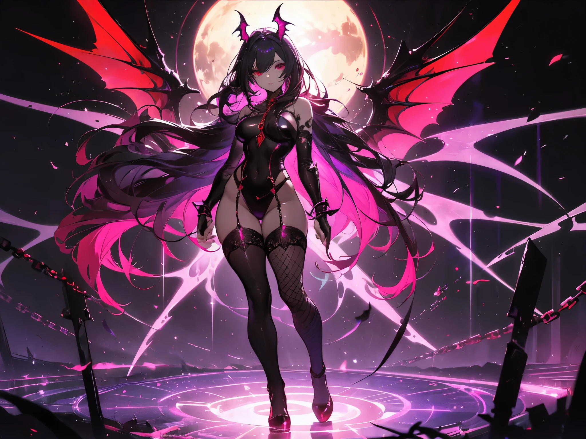 Moth women with dark grey and black and a little bit of red theme colors,big wings, big breasts, thick thighs, night sky, moth dust, queen of the abyss 