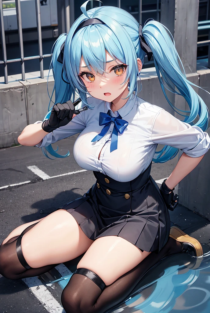 smug face,small breasts,Kneeling,masterpiece, 9 years old girl,alone,longht blue hair,off shoulder:1.2, black captain hat,gym,put your hands on your hips,裸のマンコ おっぱい 裸の乳首 smug face、brat,pussy spread,Fresh water drips from the pussy hole,open pussy