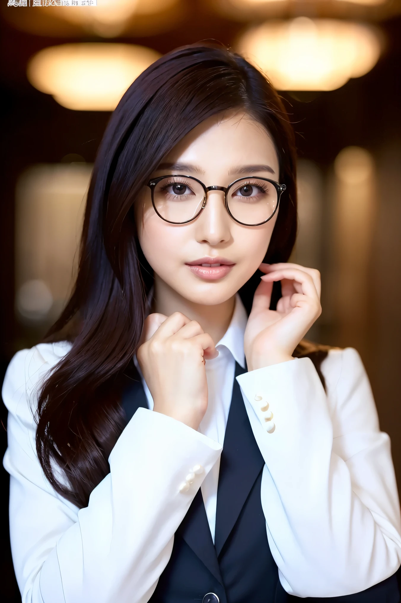 (Best Quality、Tabletop、8k、Award-winning works、Ultra-high resolution、Best Quality)、One beautiful woman、(The perfect long sleeve business suit:1.3)、(Elegant round glasses:1.2)、Elegant Asian Office、(Standing Elegantly:1.1)、(Strongly blurred background:1.1)、Accentuate your body lines、Standing in the office hallway、(Glossy lipstick:1.1)、Long eyelashes、(Perfect Makeup:1.1)、Soft and warm lighting、(Ultra-high resolutionの正確な美しい髪:1.1)、(Accurate anatomy:1.2)、Ultra-high definition beautiful eyes、(Super bright and radiant skin:1.1)、(Face close-up:1.1)、(Expressionless:1.2)、Show me your amount、(nose:1.2)