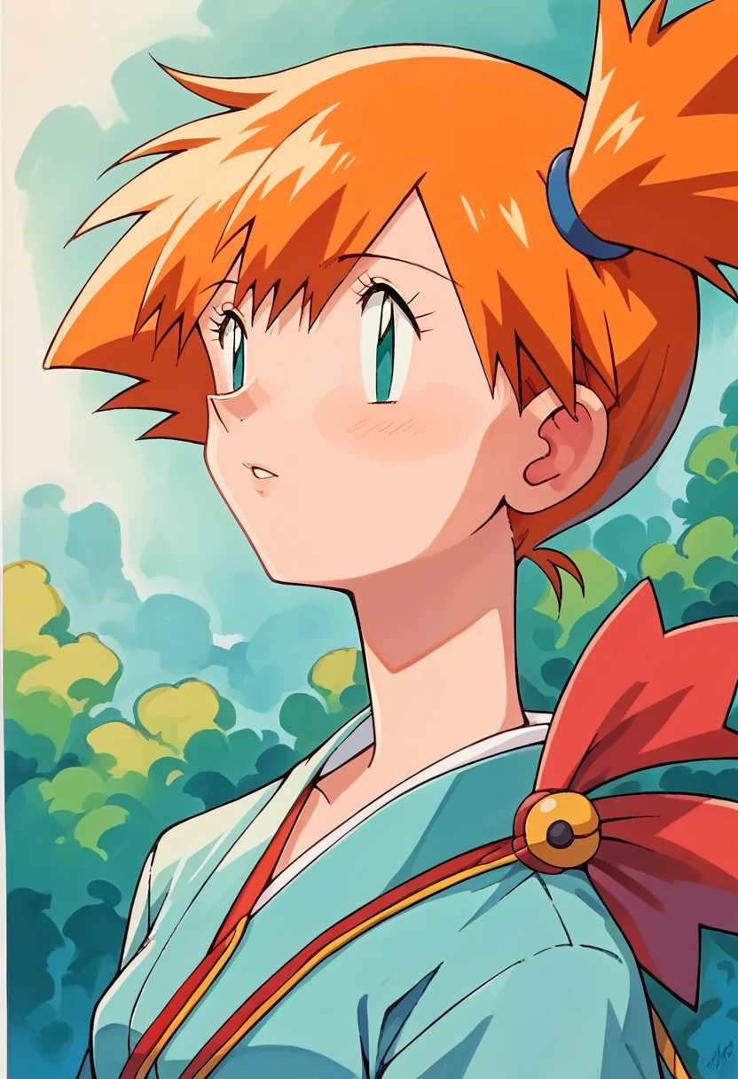 1girl, 1solo, misty pokemon, orange hair, long hair, aqua eyes, wearing traditional Japanese clothes, pretty, beautiful girl