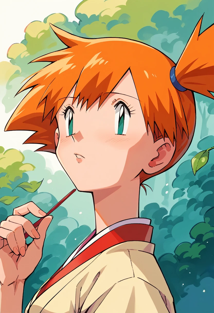 1girl, 1solo, misty pokemon, orange hair, long hair, aqua eyes, wearing traditional Japanese clothes, pretty, beautiful girl