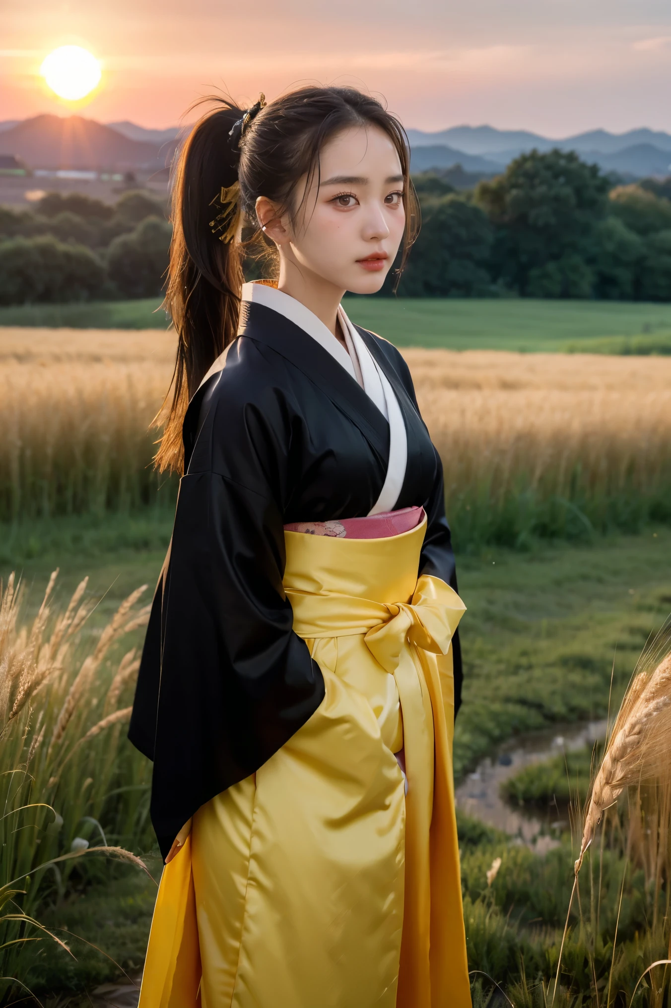 A girl in a kimono with a blank look stands waist-deep in a field of wheat, a black kimono with gold edges, her hair is tied in a ponytail, yellow eyes, the sunset is reflected in her eyes, the light falls on her face, half-sideways to the camera