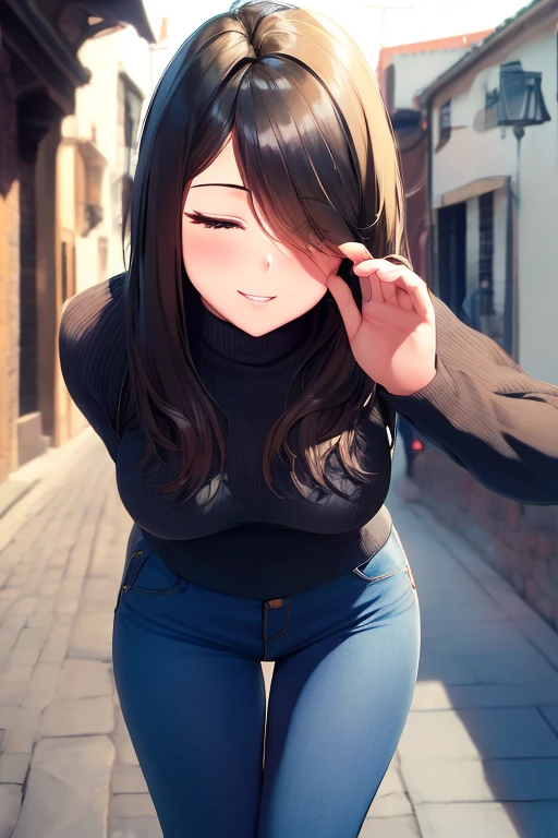 Best quality, high resolution, Pixel perfect, depth of fields, 8k, BREAK, 1 girl, alone, long hair, Shiny black hair, hair with golden highlights, perfect eyes, details eyes, Blue eyes:1.4, round eyes, Beautiful eyelashes, realistic eyes, (detailed face, blush:1.2 ), (Soft texture:0.75, Realistic texture:0.65, Photorealistic:1.2), medium breasts, (dynamic pose:1.4), looking at viewer, Perfect body, busty, (white turtleneck sweater, long sleeves, wearing jeans broken), smile, open mouth, leaning forward, hands behind the back, on a street with a sunny day.