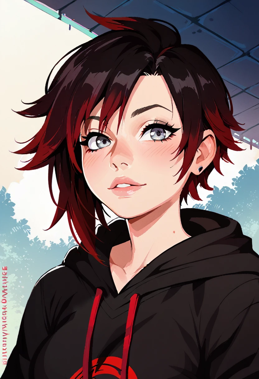  score_9, score_7_up, 1girl, solo, breasts, black hoodie, depth of field, portrait, looking at viewer, grey eyes, ruby rose