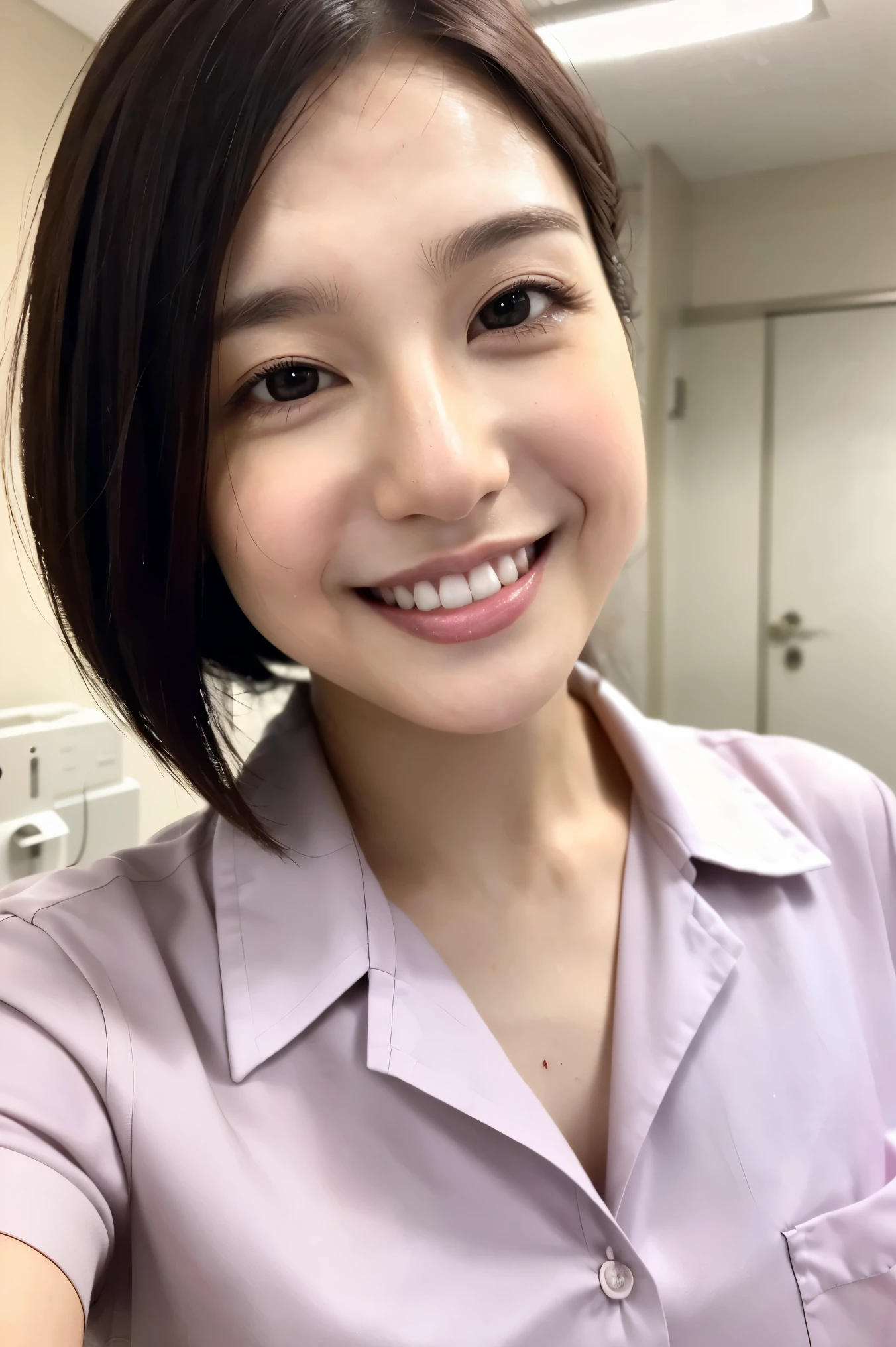 (Best Quality、Tabletop、Best Quality、Award-winning works)、(1 nurse:1.3)、(Perfect pure white nurse uniform:1.3)、Perfect portrait photography、Glowing Skin、Standing Elegantly、(Face close-up:1.2)、(The background of the hospital room is strongly blurred:1.1)、(The background of the hospital room is strongly blurred:1.2)、Glowing White Skin、The skin is very white、smile、(Perfect beautiful teeth:1.3)、Tyndall effect、The most atmospheric and warm lighting、Great cinema lighting、Show your amount、nose、Perfect beautiful face