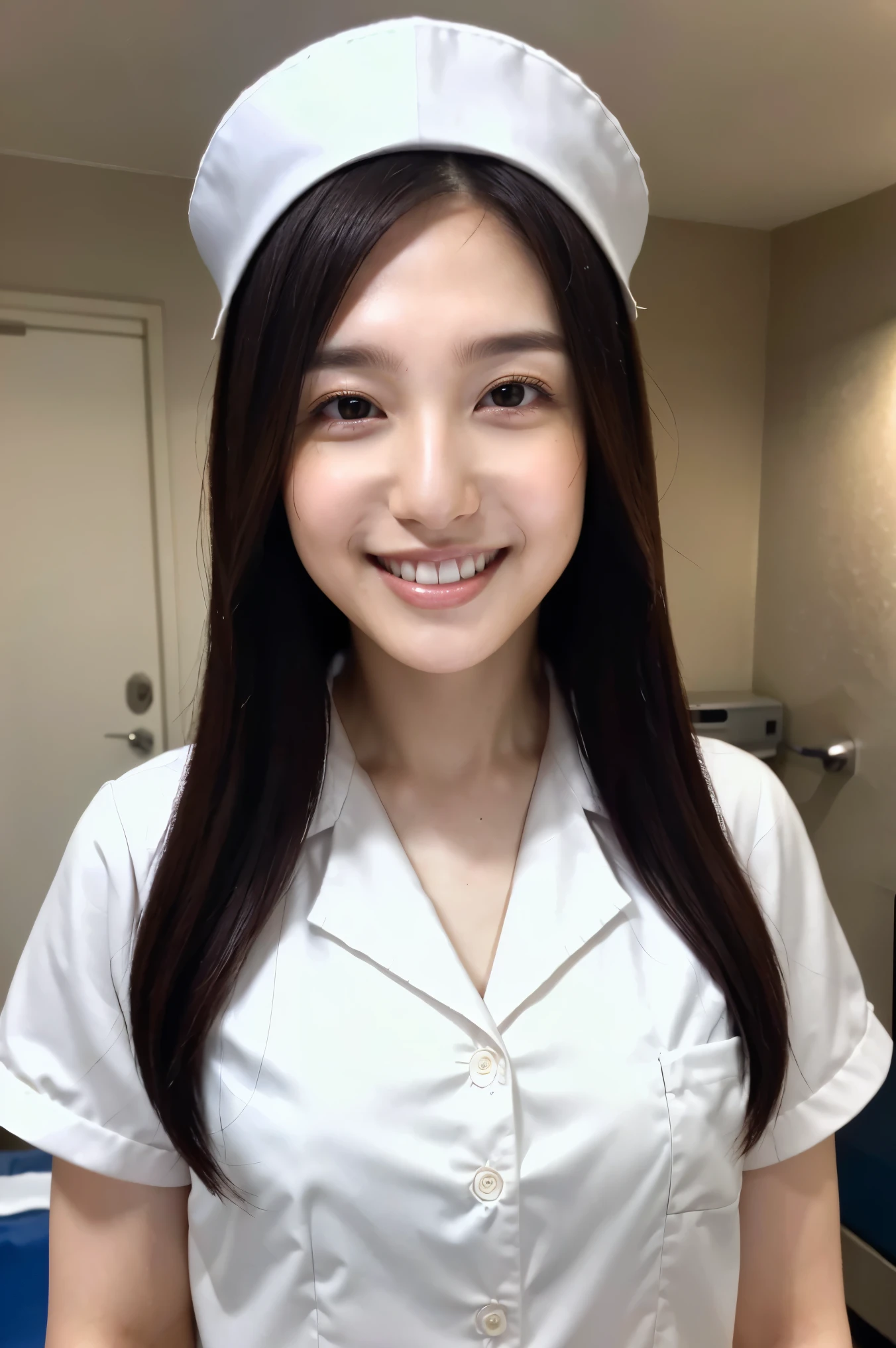 (Best Quality、Tabletop、Best Quality、Award-winning works)、(1 nurse:1.3)、(Perfect pure white nurse uniform:1.3)、Perfect portrait photography、Glowing Skin、Standing Elegantly、(Face close-up:1.2)、(The background of the hospital room is strongly blurred:1.1)、(The background of the hospital room is strongly blurred:1.2)、Glowing White Skin、The skin is very white、smile、(Perfect beautiful teeth:1.3)、Tyndall effect、The most atmospheric and warm lighting、Great cinema lighting、Show your amount、nose、Perfect beautiful face