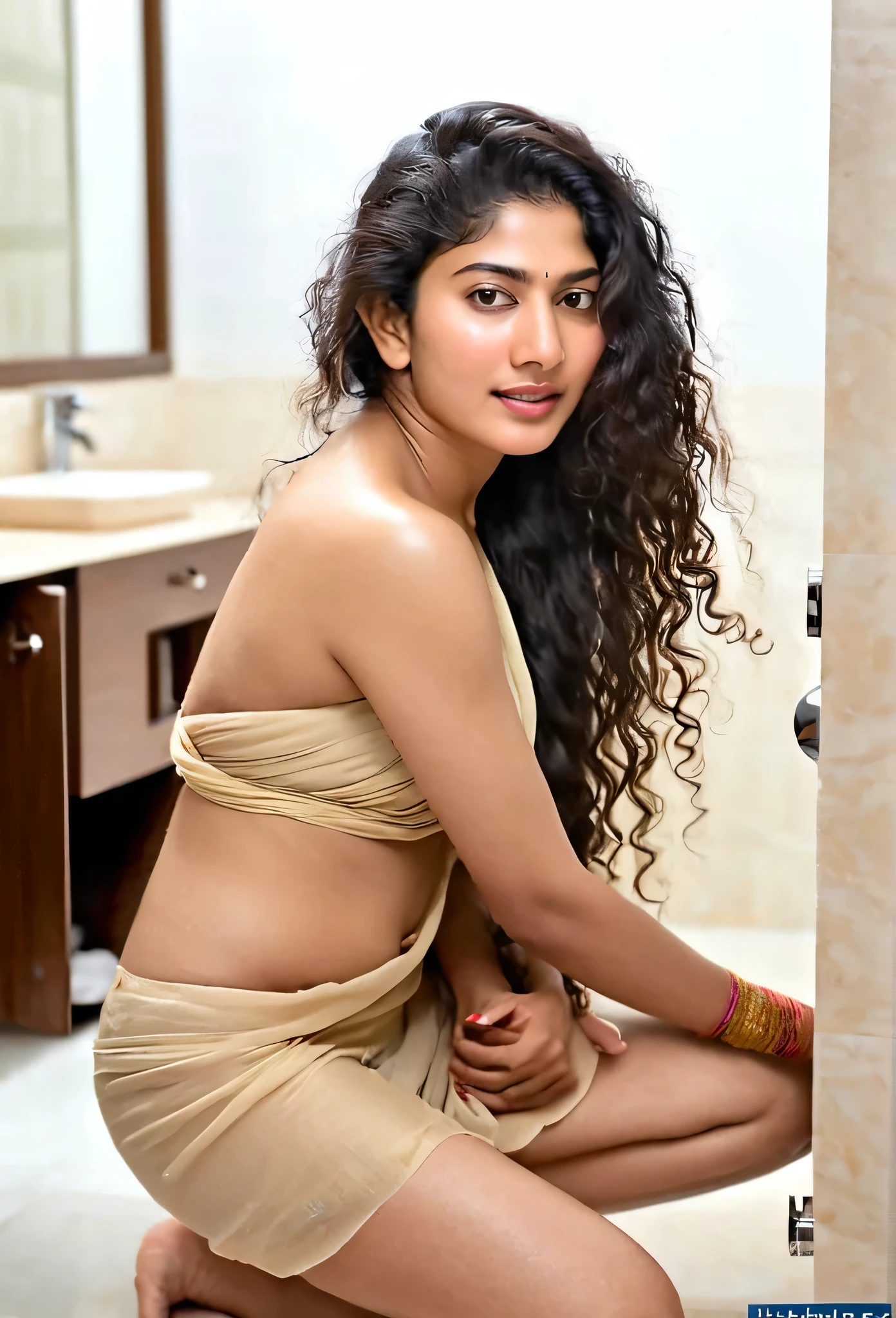 Nude ultrarealistic hires nude photo of a 30-year-old sai pallavi,topless ,nipple show , bottom less,pussy show,bathroom,  spreading legs,kneeling,realistic skin texture