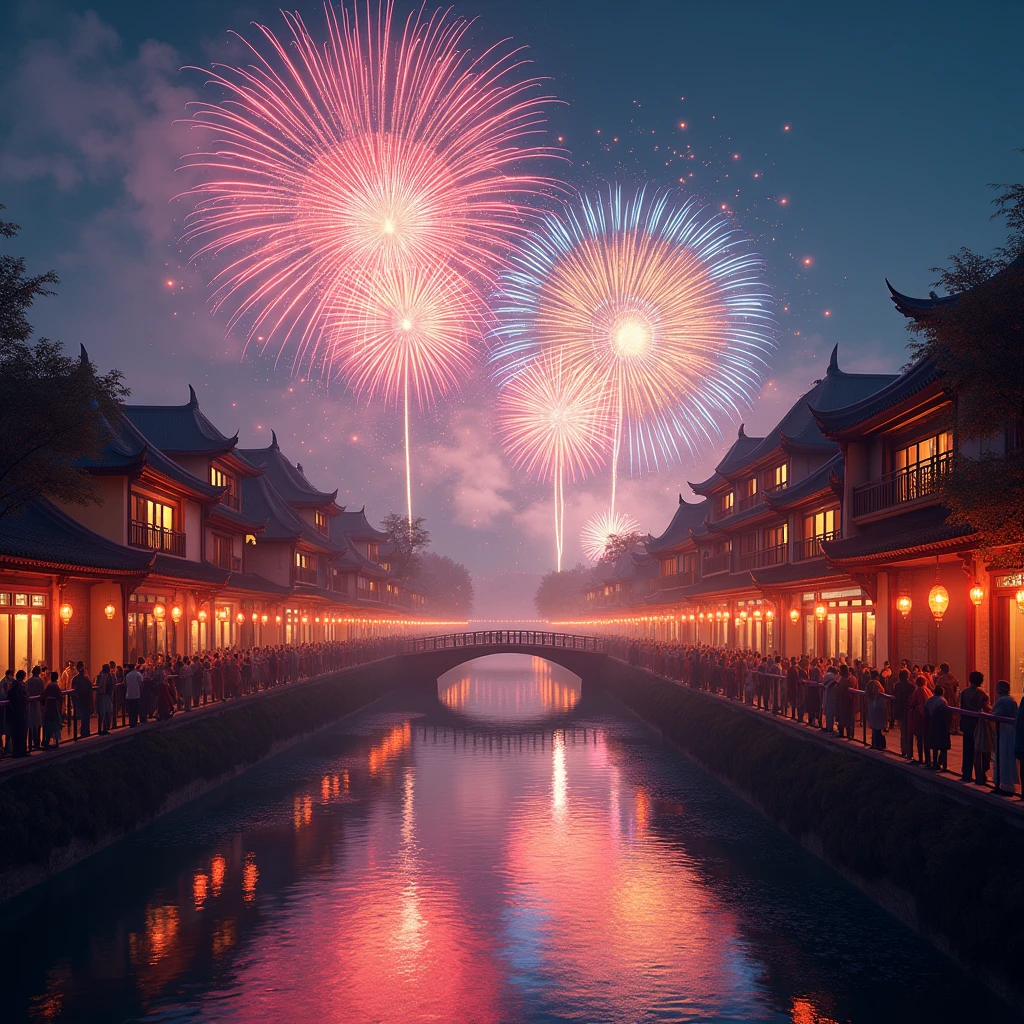 Fireworks, Incient town, lanterns hang on the streets at night, and people gather by the river to watch the fireworks display. Fireworks bloom in the night sky, with colorful lights reflecting in the river. The antique charm of the ancient town contrasts sharply with the modernity of fireworks, and the entire scene is full of the fusion of history and modernity.
dynamic movement, full body, photorealistic, Professional, perfect composition, intricate details, ultra-detailed