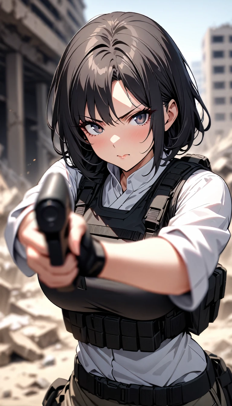((masterpiece)),((highest quality)),((High resolution)),((Very detailed)),One woman,48 years old,Mature Woman,Japanese,Black Hair,Short Bob,Beautiful Eyes,Long eyelashes,Beautiful Hair,Beautiful Skin,Serious,Large Breasts,BREAK(((pointing pistol))),Handgun,White shirt,black bulletproof vest, Combat Boots, Black Tactical Forster,Tactical Headset,(The background is the rubble of ruins),(((Background Blur)))