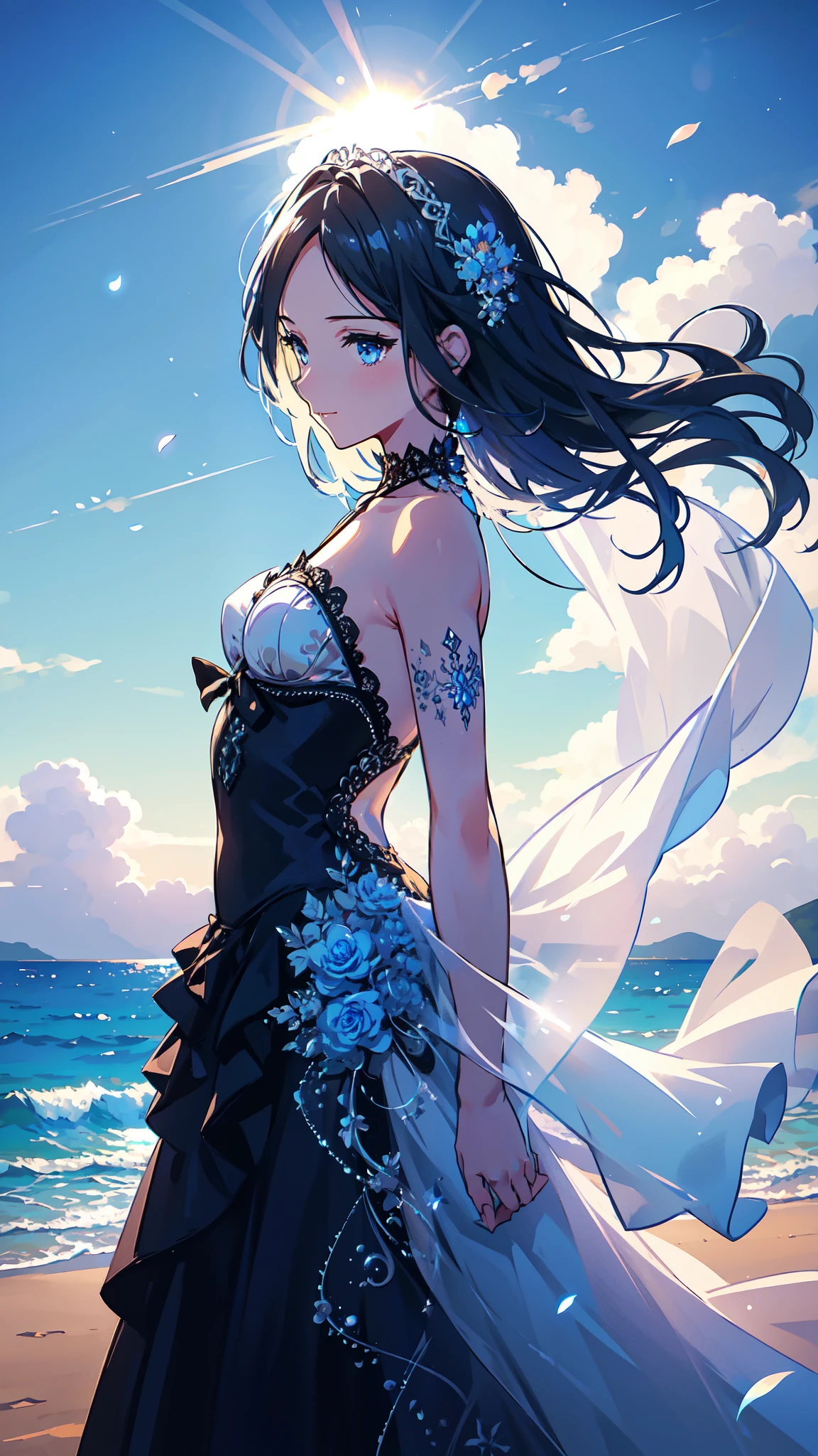 art by Cornflower,(masterpiece:1.2),(4k),high quality,(1 girl),(solo),(small breasts),((arms behind back)),black long hair,beautiful detailed blue eyes,shy smile,In the fantastic beauty of the sun light, elegant gothic princess,white short gothic dress,white gothic witch clothing,Bokeh, A gentle light spreads over the tranquil surroundings, Delicate petals blend into intricate patterns,((in front of a beach)),blue sky with clouds in it,Add a dramatic and symbolic element to your scene,dreamy romantic,fantastic and dreamy theme,film lighting