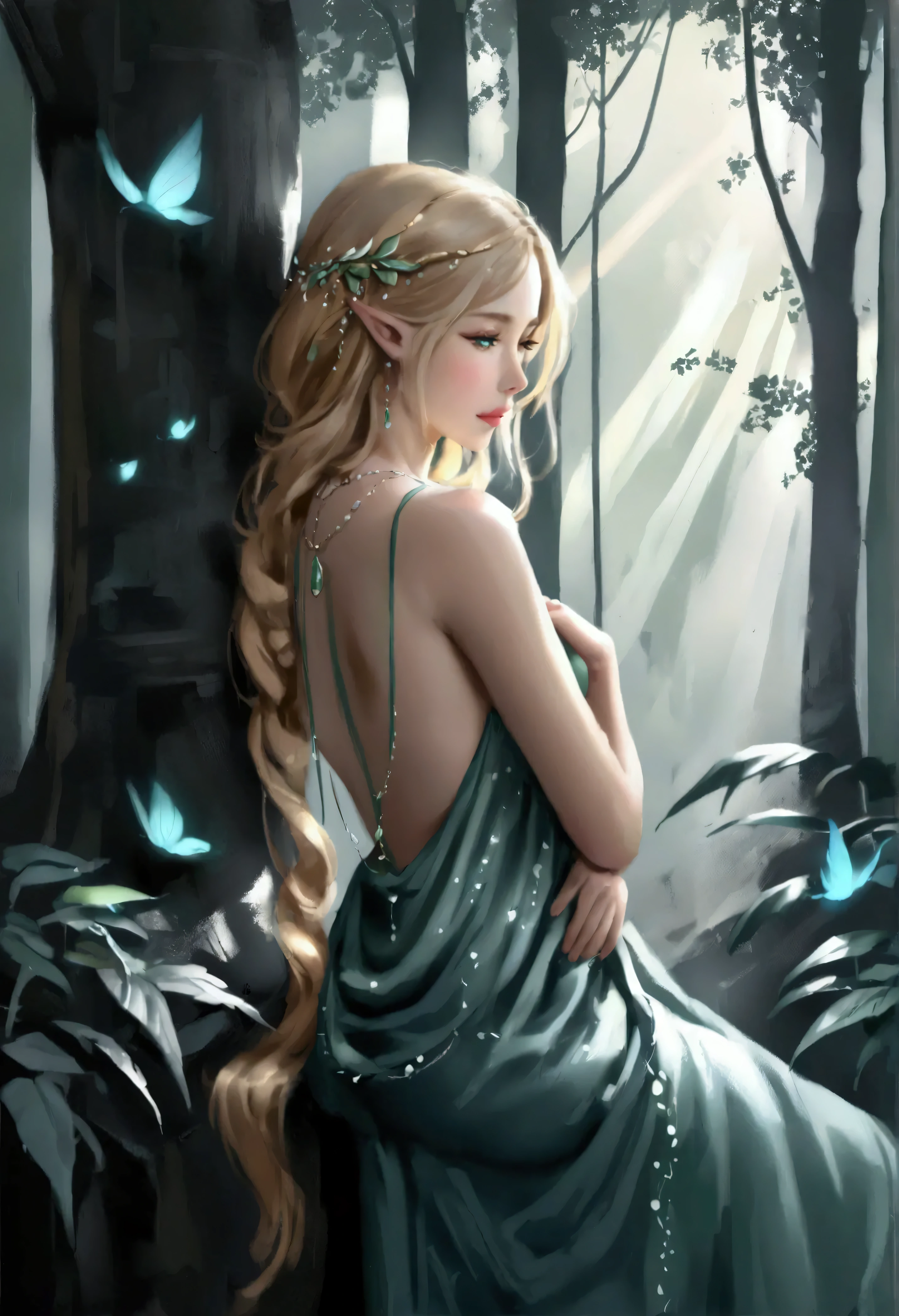 (best quality,4k,8k,highres,masterpiece:1.2),ultra-detailed,(realistic,photorealistic,photo-realistic:1.37),elf girl with long blonde hair wearing a green dress and having mesmerizing blue eyes,wisps of curly hair gently caressing her face,fair porcelain skin glowing with a soft ethereal sheen,delicate facial features exuding grace and beauty,natural-looking makeup highlighting her enchanting eyes,thin eyebrows elegantly arched upwards,long and fluttering eyelashes framing her captivating gaze,cheeks adorned with a subtle rosy blush,plump and rosy lips that seem to invite a smile,her eyes reflecting a sense of curiosity and wisdom,a crown of intricate green leaves resting on her flowing locks,green dress adorned with delicate embroidery and sparkling gemstones,flowing sleeves that cascade down her arms,soft and airy fabric gracefully draping around her slendegure,a forest filled with magical creatures serving as the backdrop,sunlight filtering through the vibrant leaves casting a warm and enchanting glow,whispering wind gently rustling the leaves enhancing the ethereal atmosphere,subtle rays of sunlight illuminating her radiant presence, vibrant shades of green and blue harmonizing with her surroundings,evoking a sense of tranquility and magic as if she belongs to a mystical realm, hinting at a story waiting to unfold.