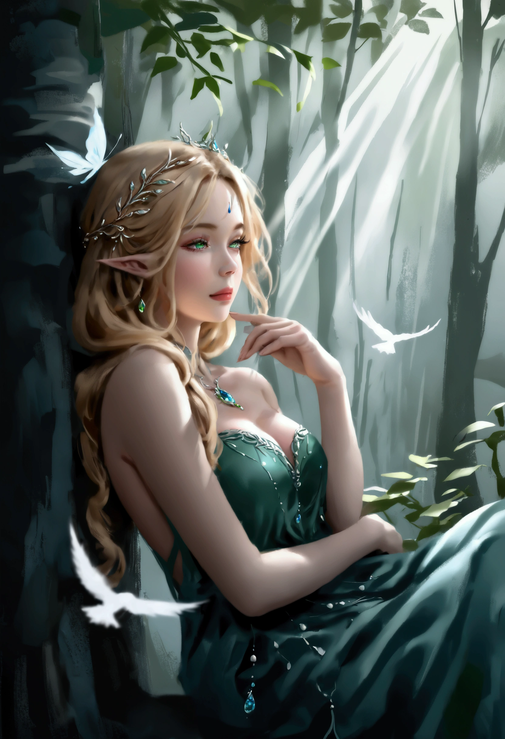 (best quality,4k,8k,highres,masterpiece:1.2),ultra-detailed,(realistic,photorealistic,photo-realistic:1.37),elf girl with long blonde hair wearing a green dress and having mesmerizing blue eyes,wisps of curly hair gently caressing her face,fair porcelain skin glowing with a soft ethereal sheen,delicate facial features exuding grace and beauty,natural-looking makeup highlighting her enchanting eyes,thin eyebrows elegantly arched upwards,long and fluttering eyelashes framing her captivating gaze,cheeks adorned with a subtle rosy blush,plump and rosy lips that seem to invite a smile,her eyes reflecting a sense of curiosity and wisdom,a crown of intricate green leaves resting on her flowing locks,green dress adorned with delicate embroidery and sparkling gemstones,flowing sleeves that cascade down her arms,soft and airy fabric gracefully draping around her slendegure,a forest filled with magical creatures serving as the backdrop,sunlight filtering through the vibrant leaves casting a warm and enchanting glow,whispering wind gently rustling the leaves enhancing the ethereal atmosphere,subtle rays of sunlight illuminating her radiant presence, vibrant shades of green and blue harmonizing with her surroundings,evoking a sense of tranquility and magic as if she belongs to a mystical realm, hinting at a story waiting to unfold.