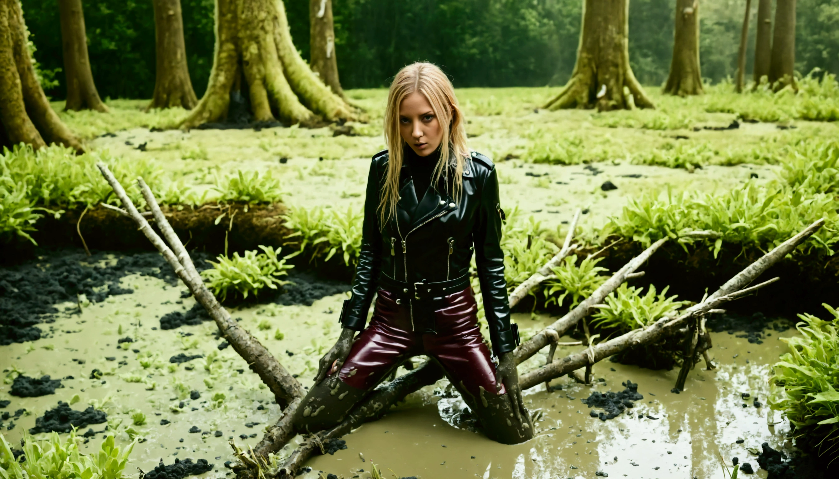 lesbian ((deep mud:1.6)), quicksand, duckweed, ((muddy leather:1.5)), mud stains on clothes, submerged in mud, hud_quiks4nd, partially submerged,