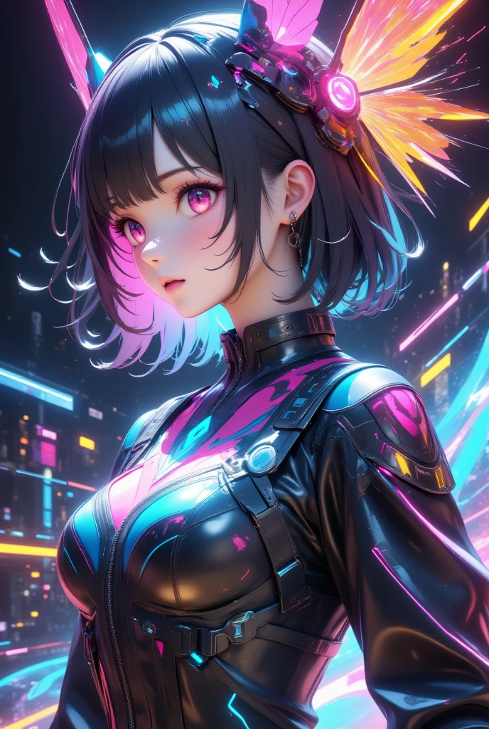 (masterpiece, best quality:1.2), 1girl, solo, cyber girl, futuristic cyberpunk, neon lights, glowing eyes, intricate cybernetic implants, glowing circuits, metallic textures, dynamic pose, cinematic lighting, vibrant colors, technologically advanced