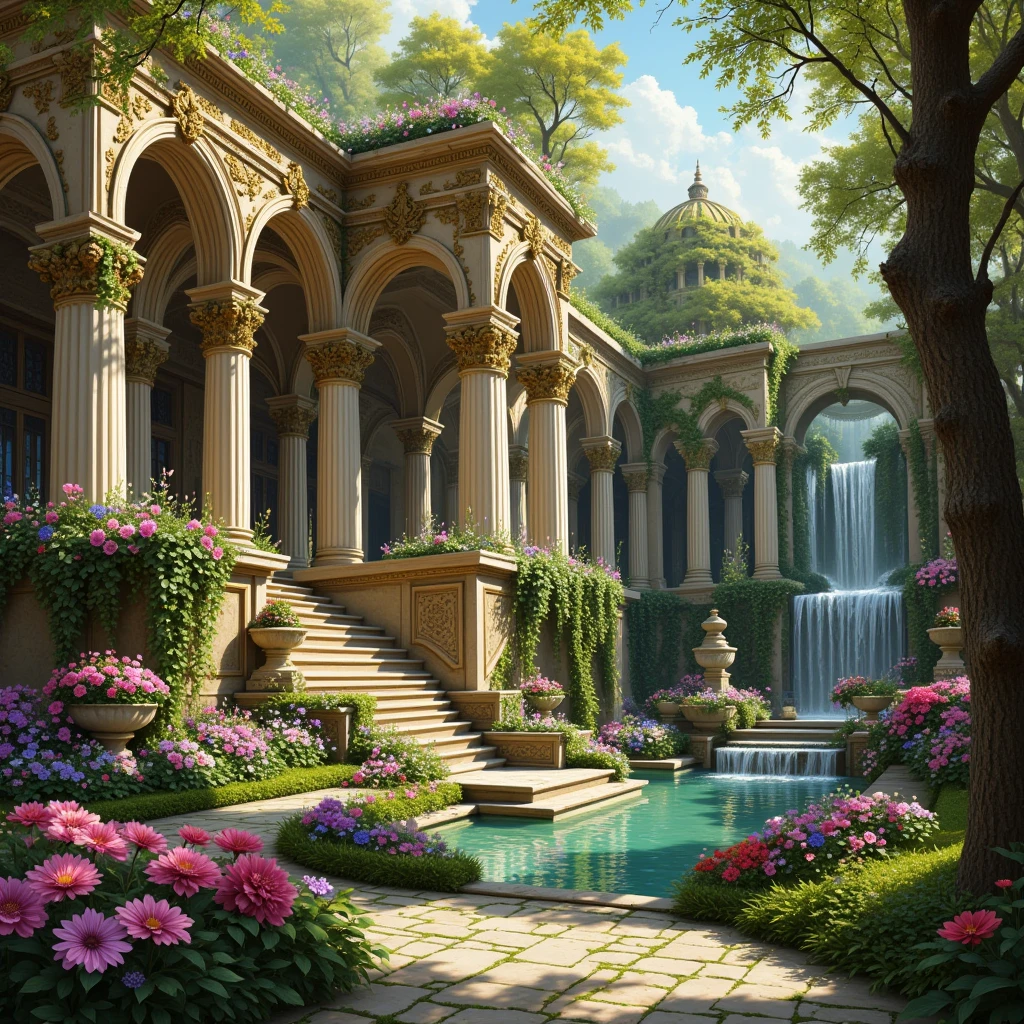 (masterpiece:1.3),(highest quality:1.4),(ultra detailed:1.5),high resolution,extremely detailed, unity 8k wallpaper, intricate rococo style palace, lush green garden, blooming colorful flowers, manicured hedges, ornate stone fountains, cascading waterfalls, ornate gold accents, dramatic lighting, vivid colors