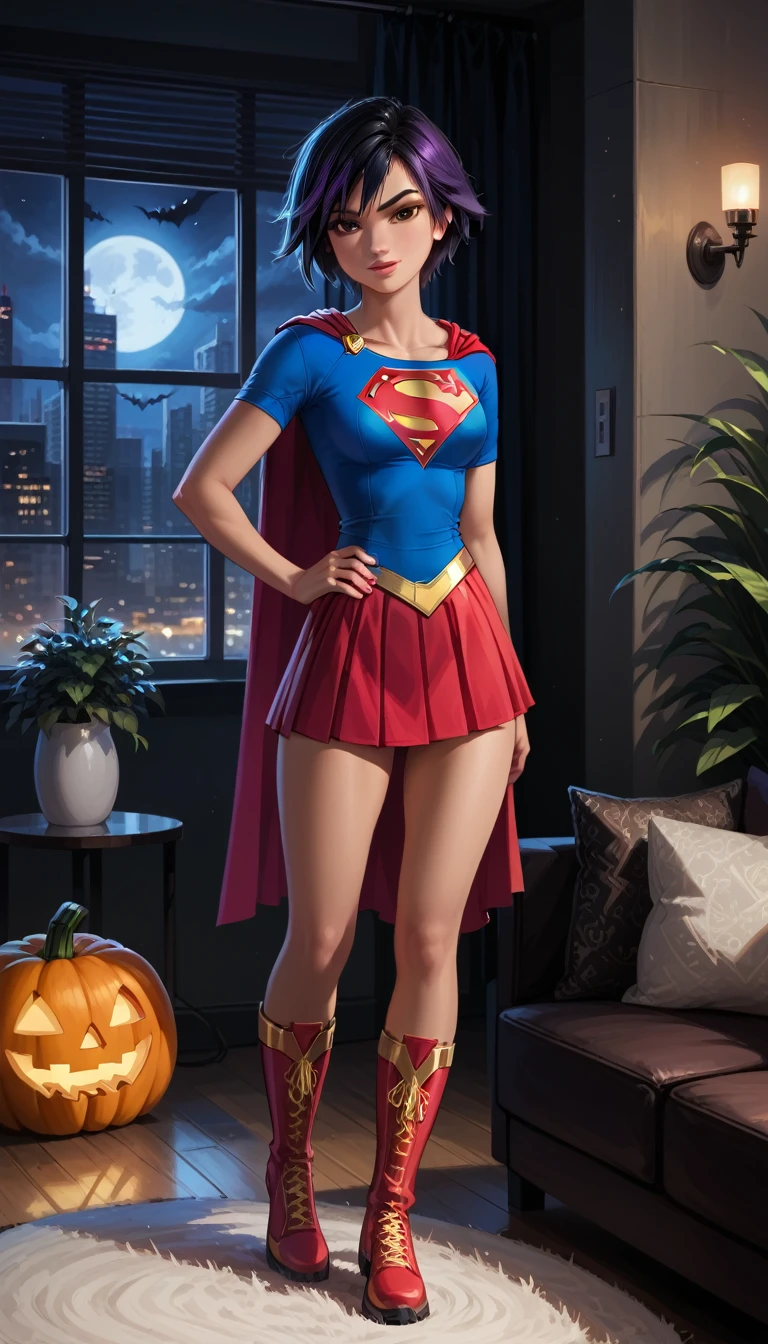 score_9, score_8_up, score_7_up, 1girl, solo, very sexy (gogotomago, short hair, black hair, brown eyes, purple hair:1.4), wearing (Supergirl costume, short skirt, short sleeves, Supergirl emblem, short cape, boots, detailed:1.5), confident, flirt, gaze, sexy look, cute smile, head tilt, filled lips, thick lips, standing, in the living room, hand on hip, feet apart, sexy pose, beautiful modern apartment, city living, (Halloween theme:1.3), night, dark, dimly lit, expressiveh d4rk01l, perfect hands, perfect proportions, cowboy shot.