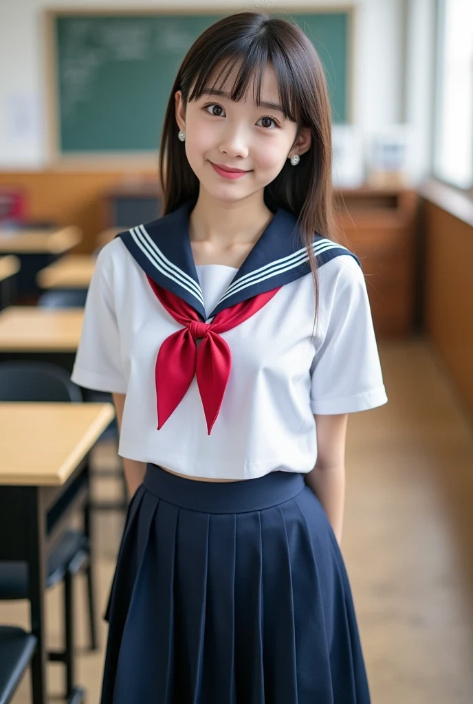 (masterpiece, best quality:1.2), 1 girl, 16 yo, solo, wearing sailor uniform, cute expression, detailed uniform, sailor collar, pleated skirt, talking in the classroom , sexy collaboration 