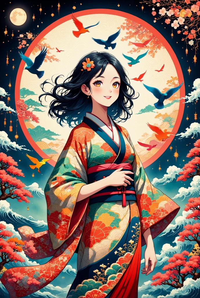 A serene scene featuring a girl in a traditional Japanese kimono, standing gracefully as vibrant birds fly around her. The birds are depicted as colorful silhouettes, each adorned with intricate, traditional Japanese patterns. In the background, large fireworks light up the sky, each explosion detailed with elegant Japanese motifs, similar to the birds' designs. The fireworks add vibrant reds, yellows, and blues to the night sky, their patterns beautifully blending with the swirling motion of the birds. The entire image has the delicate texture of washi paper, giving it a soft, artistic feel, while the harmonious mix of colors and traditional patterns creates a magical, celebratory atmosphere.